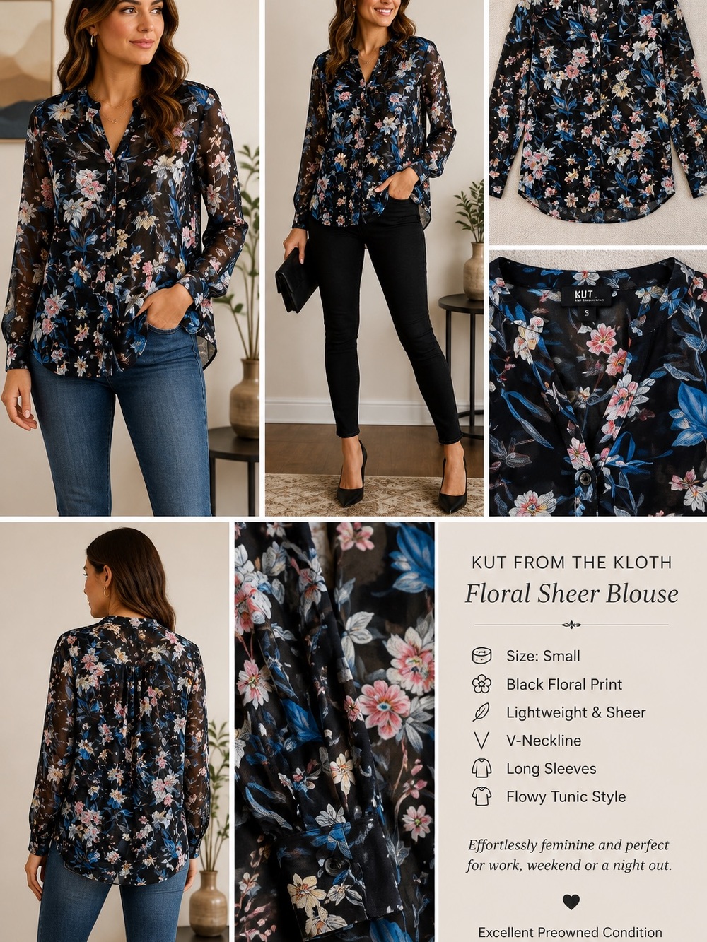 Kut from the Kloth Black Floral Sheer Blouse – Size Small